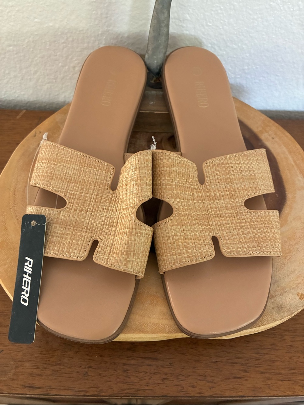 Raffia Slide Sandals in Natural Tan by Rihero